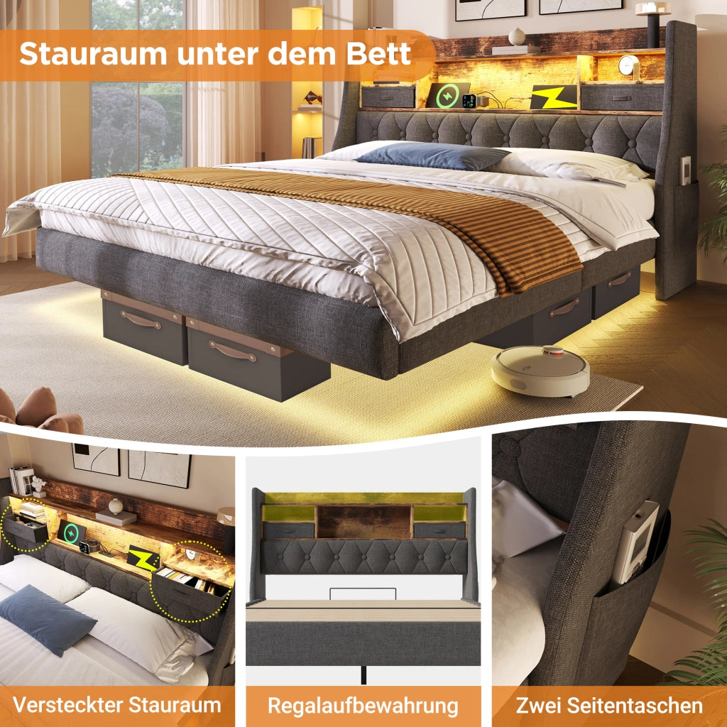 LETTO Contenitore con testiera 160x200 cm in lino grigio, LED e prese USB
