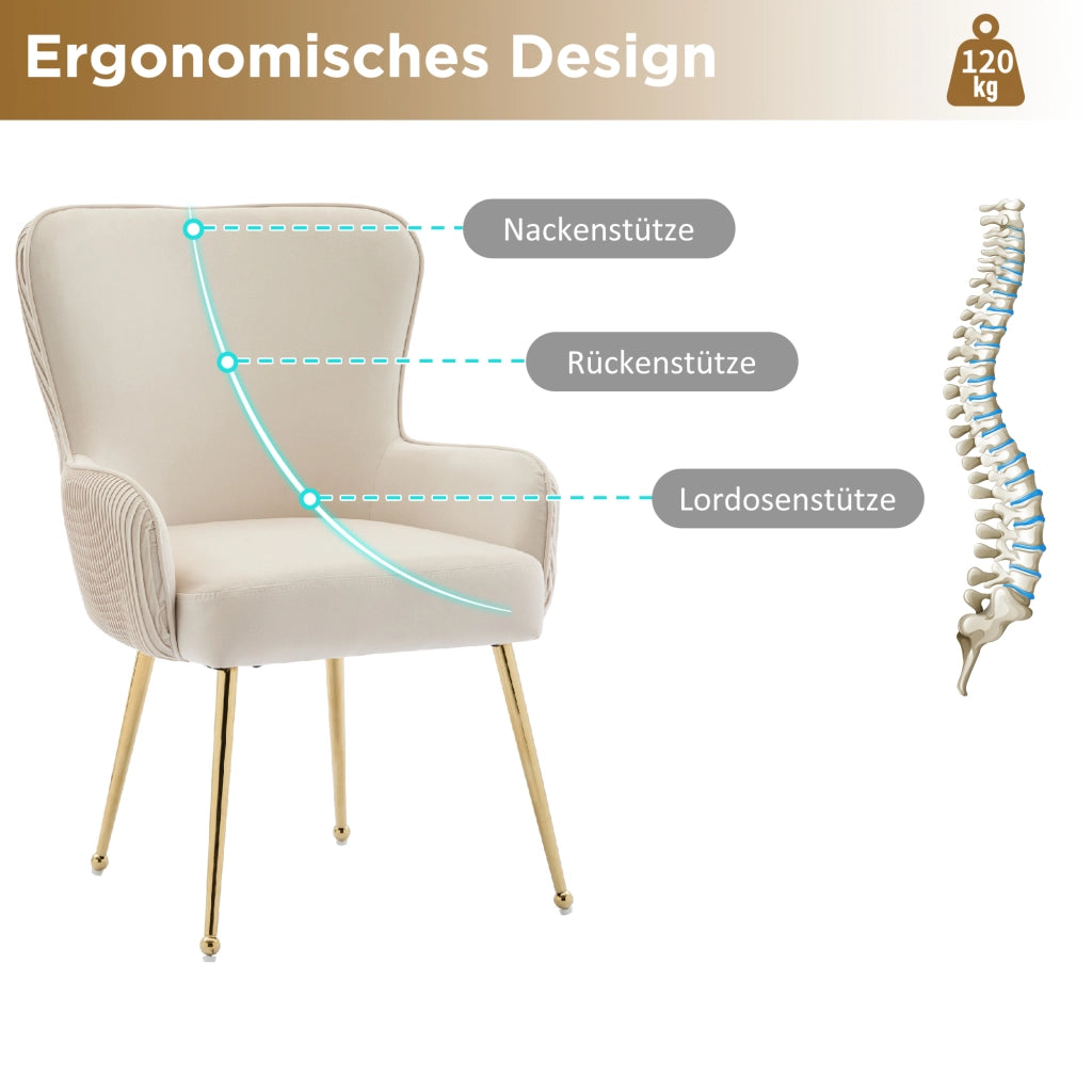 Poltrona Set da 2 con Braccioli Supporto Lombare e Piedini Regolabili in Velluto Beige e Oro