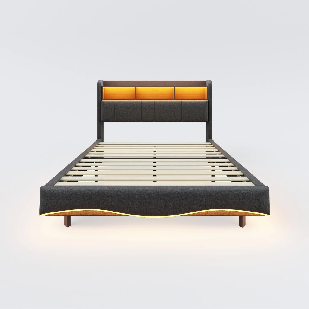 Letto imbottito sospeso 140x200 con LED, USB, Type-C e vano testiera