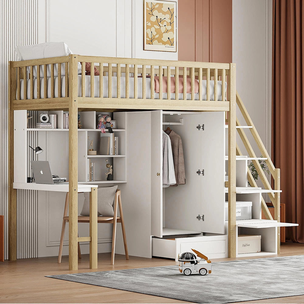 Letto a Soppalco Multifunzione – Xylo – 90x200cm, Legno Bianco, Grande Armadio, Scaffale, Tavolo, Scala, Ripostiglio