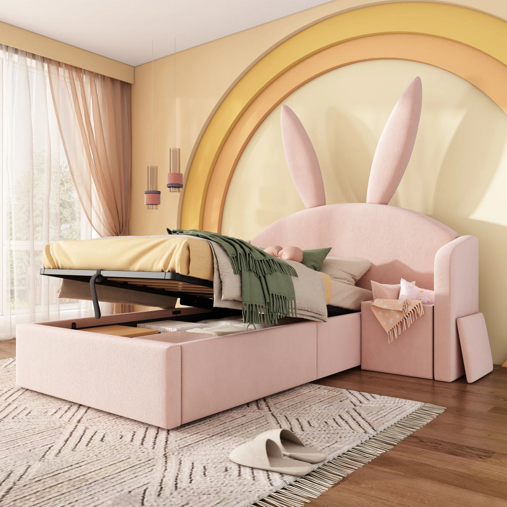 LETTO imbottito 90x200 cm Rosa in velluto con comodino laterale e contenitore
