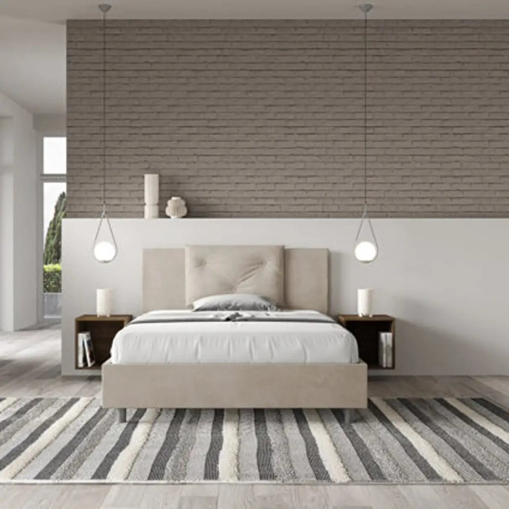 Letto matrimoniale francese con rete imbottito 140x200 microfibra sabbia Appia