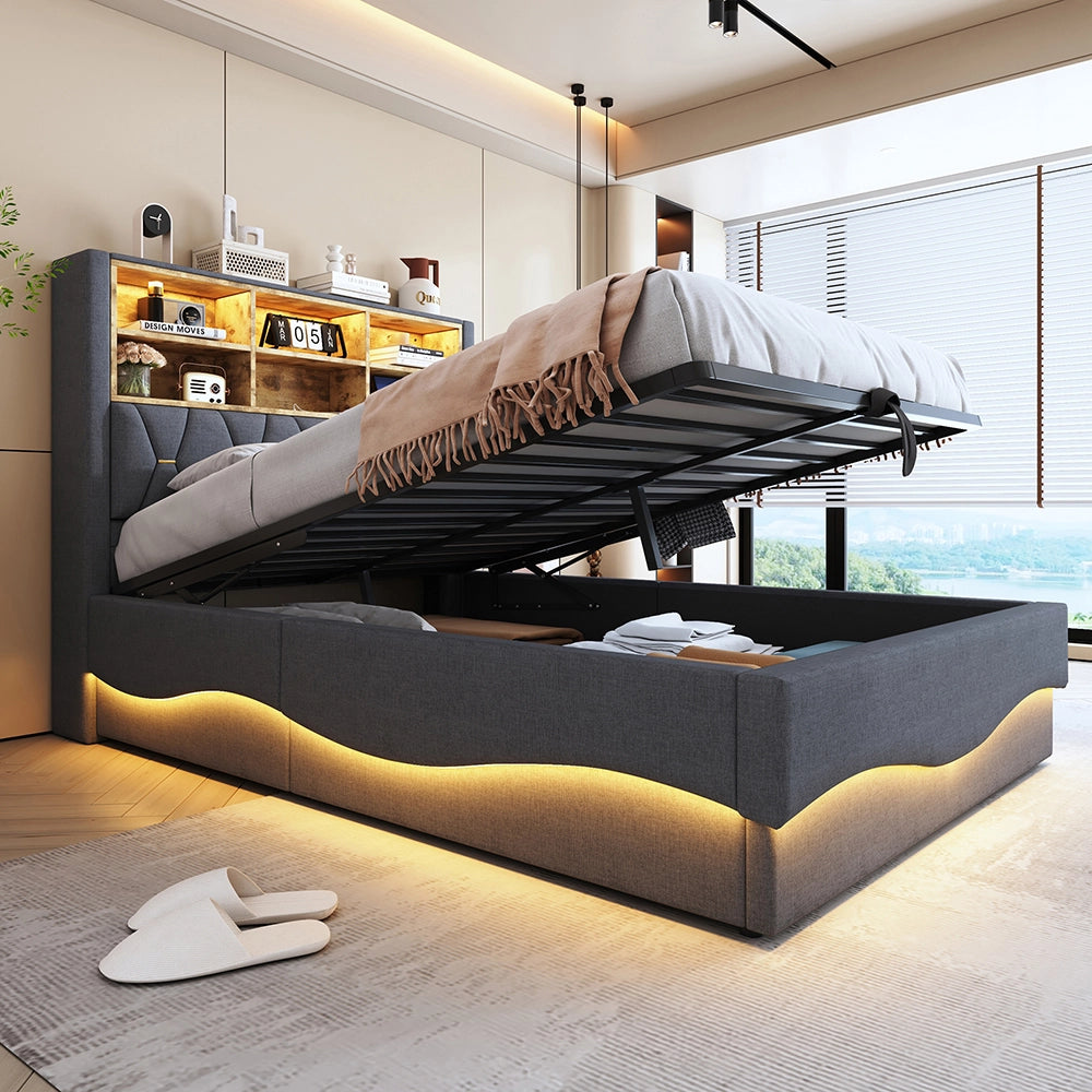 Letto-Xylo-140x200 cm-LED app, USB, metallo, lino grigio