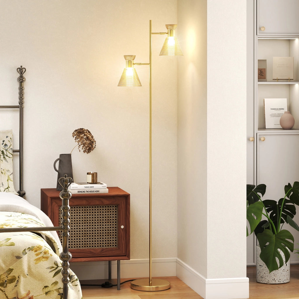 Lampada da Terra Moderna 2 Luci ¨C Xylo ¨C Oro, Teste Regolabili, Interruttore a Pedale