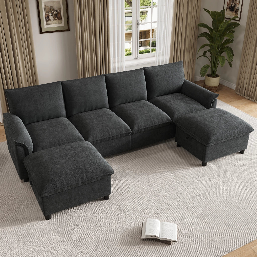 DIVANO modulare a U 264,5x142,5x84 cm in ciniglia nera con 2 pouf