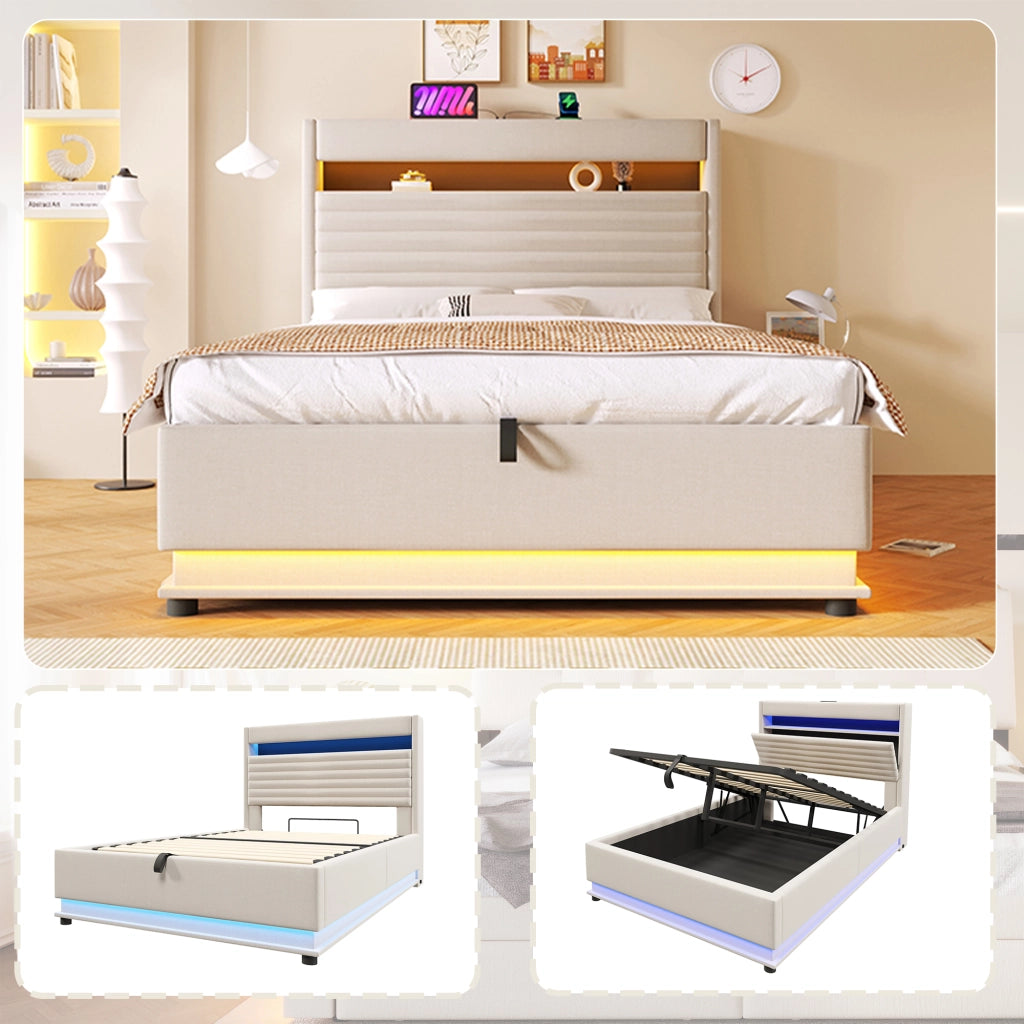 LETTO Contenitore 140x200 cm in lino Beige con LED e USB-C