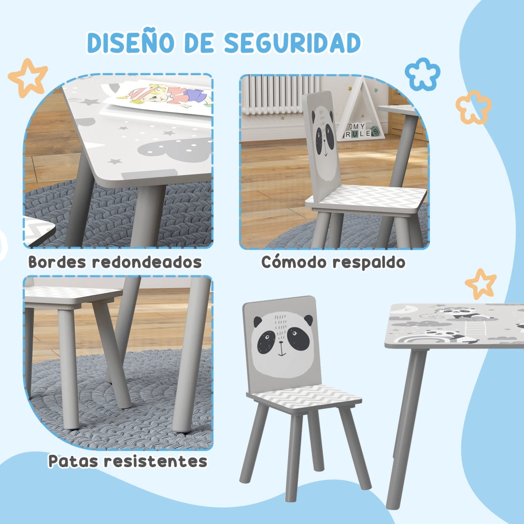 Set Tavolo e 2 Sedie per Bambini ¨C Xylo ¨C Grigio e Bianco con Panda