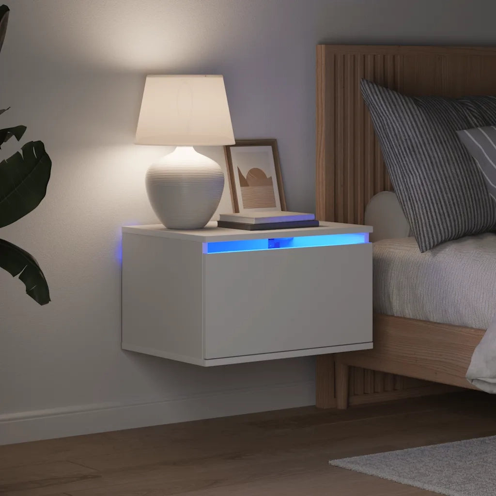 Set di 2 Comodini | Armadio da Notte | Mobiletto da notte a Parete con Luci LED Bianchi