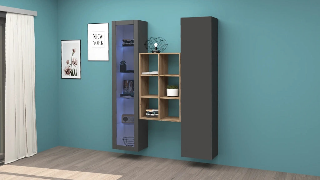 Parete attrezzata antracite moderna con vetrina armadio libreria legno Teret RT