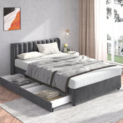 OKWISH Letto con Cassetti 160×200 cm, Letto Matrimoniale con 2 Cassetti e Testiera Imbottita, senza Materasso, in Velluto, Grigio