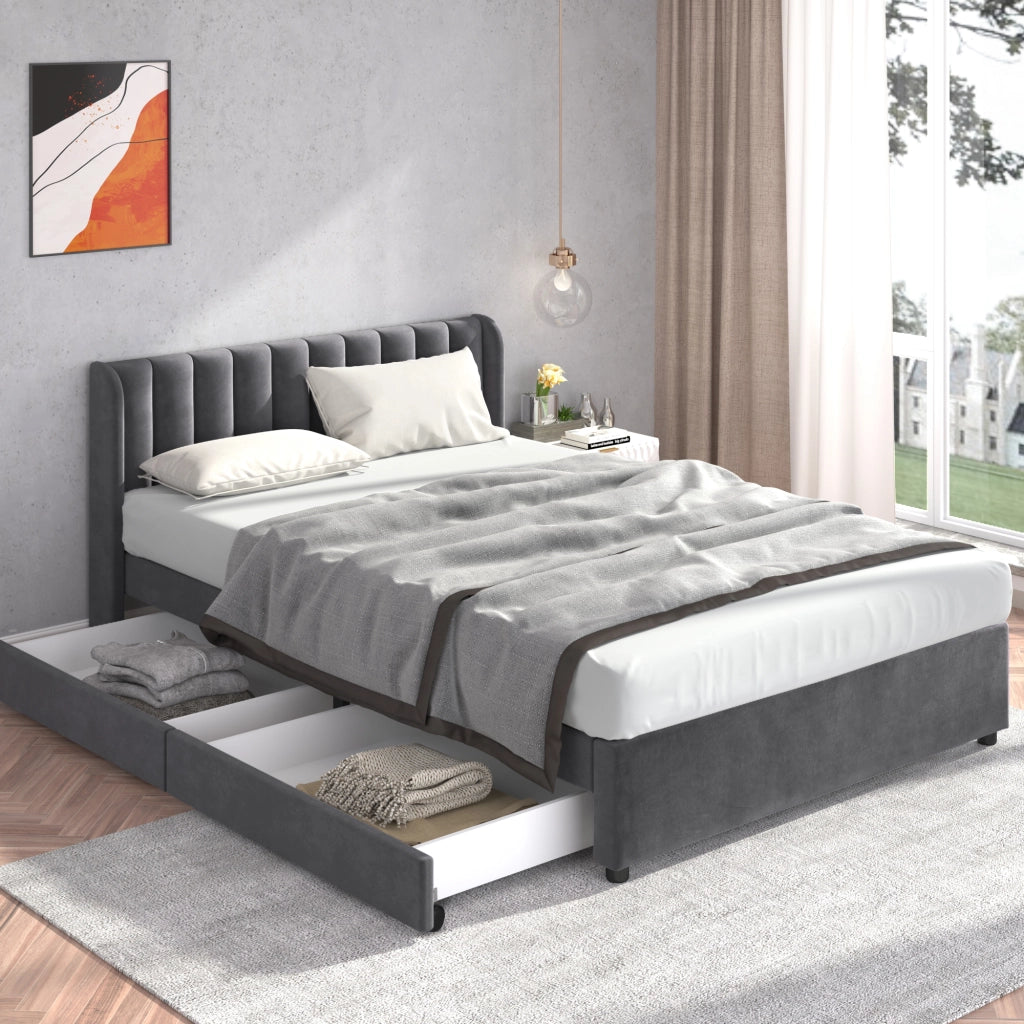 OKWISH Letto con Cassetti 160×200 cm, Letto Matrimoniale con 2 Cassetti e Testiera Imbottita, senza Materasso, in Velluto, Grigio