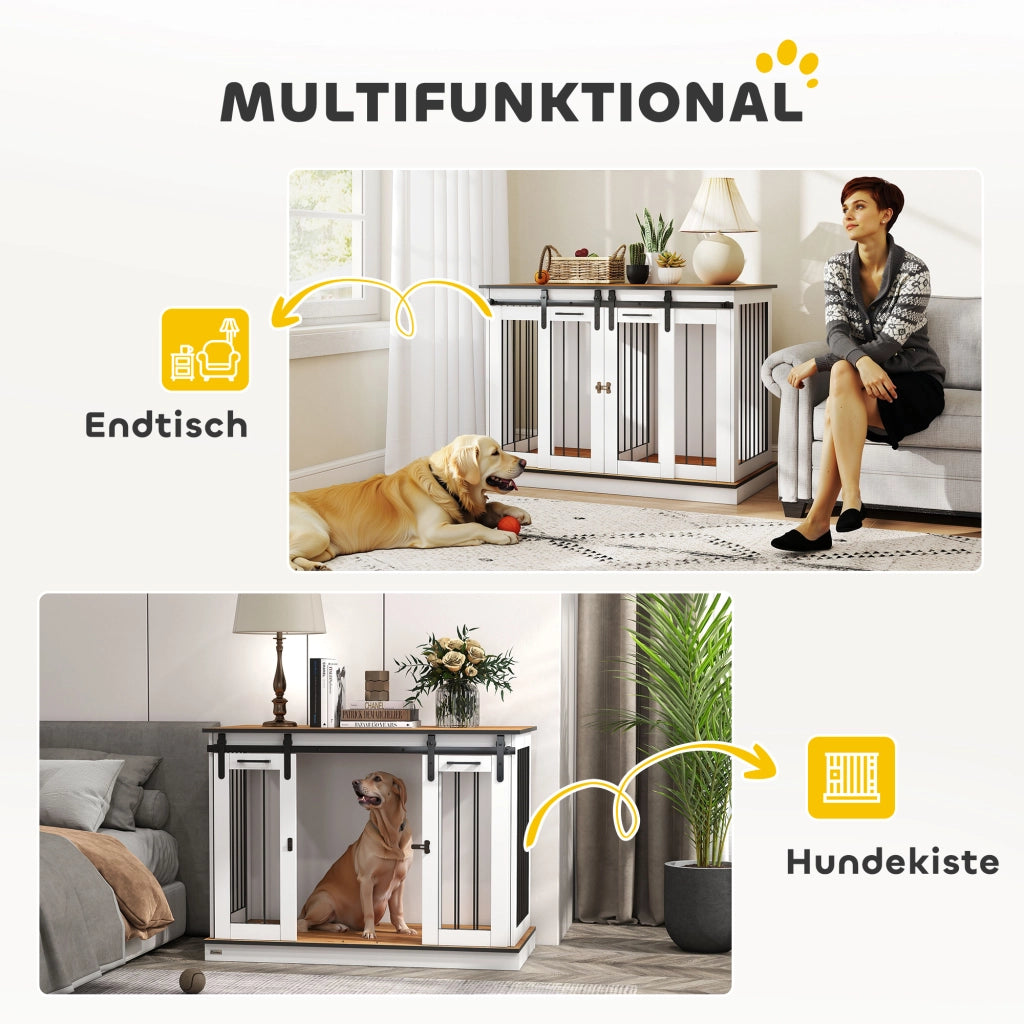 Gabbia per Cani con 2 Porte ¨C Xylo ¨C Design Rustico Bianco con Serratura