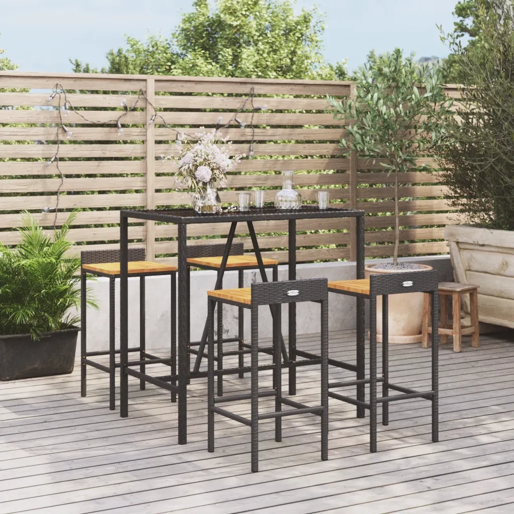 Set Bar Giardino 5 pz Nero Polyrattan e Legno Massello Acacia 3187676