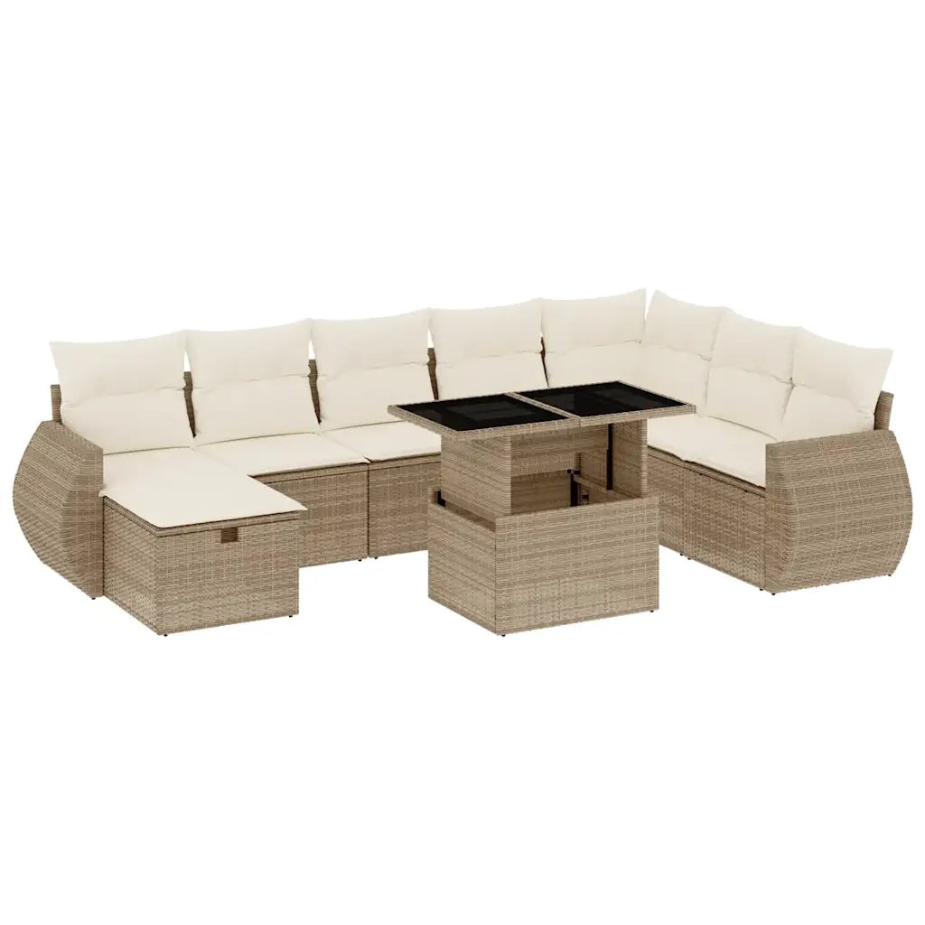 Set Divano da Giardino 9 pz con Cuscini Beige in Polyrattan