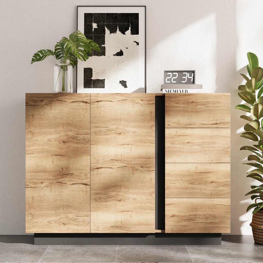 CREDENZA con 4 cassetti e 2 ante 120x35,5x90,5 cm Natural e Nero