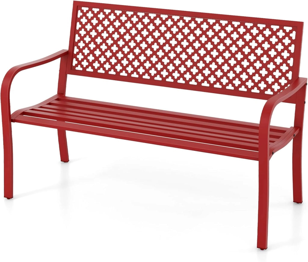 Panchina da Esterno, Panca da Giardin in Metallo con Schienale Traforato, Sedile a Doghe e Braccioli, Panchina Moderna per Cortile, Terrazzo e Giardino, Portata 300 kg (Rosso)