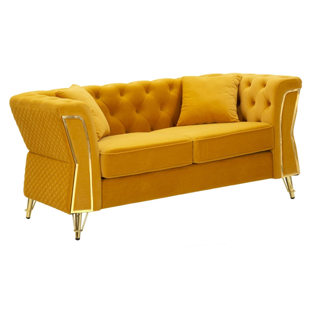 Divano Emy con cuscini in poliestere senape e gambe oro 162x83x76 cm