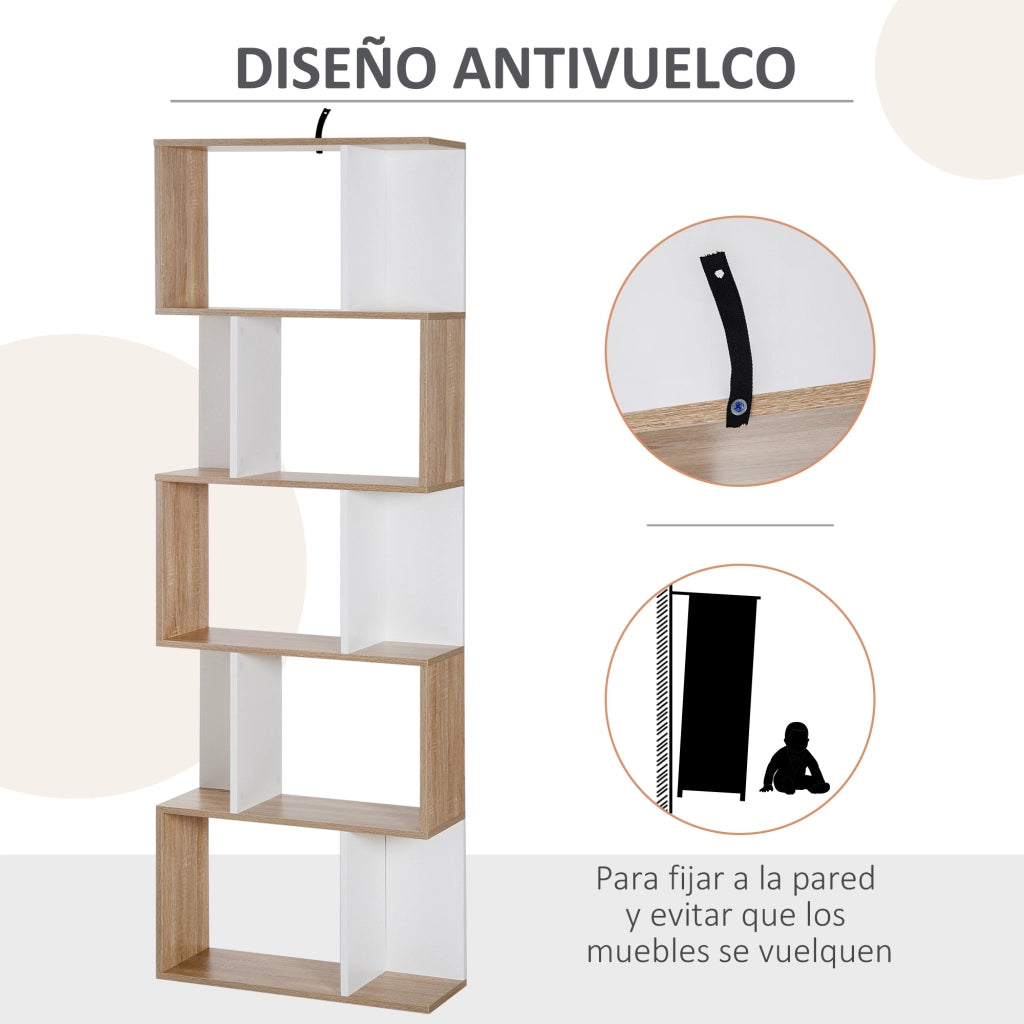 Libreria a S con 5 Ripiani ¨C Minimal ¨C Bianco e Legno 60x24x184,5cm