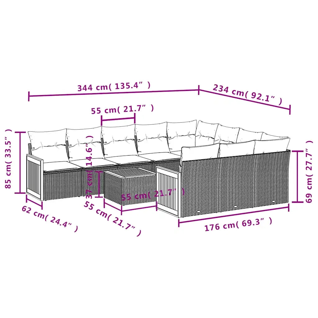 Set Divani da Giardino 11 pz con Cuscini Grigio in Polyrattan 3228028