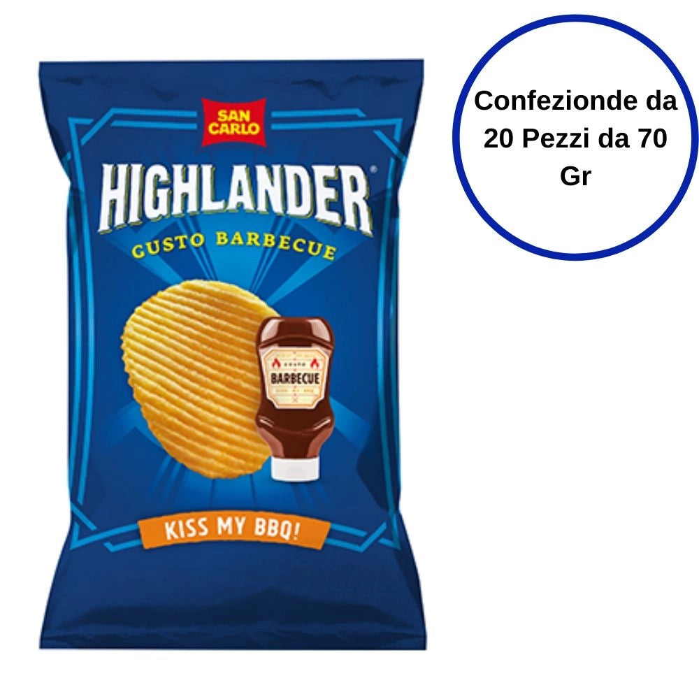 Patatine highlander gusto bbq barbecue san carlo confezione da 20 pezzi da 70 grammi