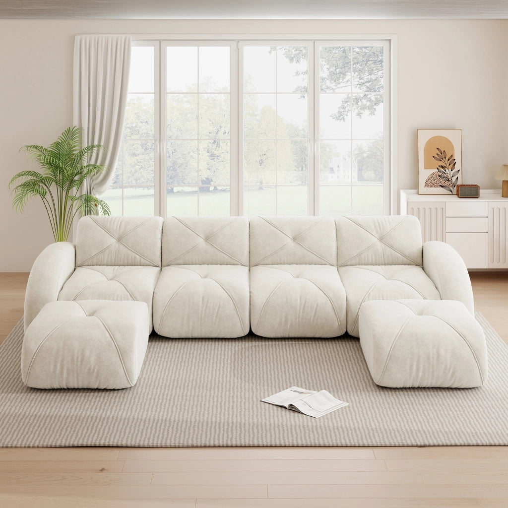 Divano modulare a U senza telaio - Zephmum- 4 posti con 2 pouf, tessuto comodo antiscivolo, bianco