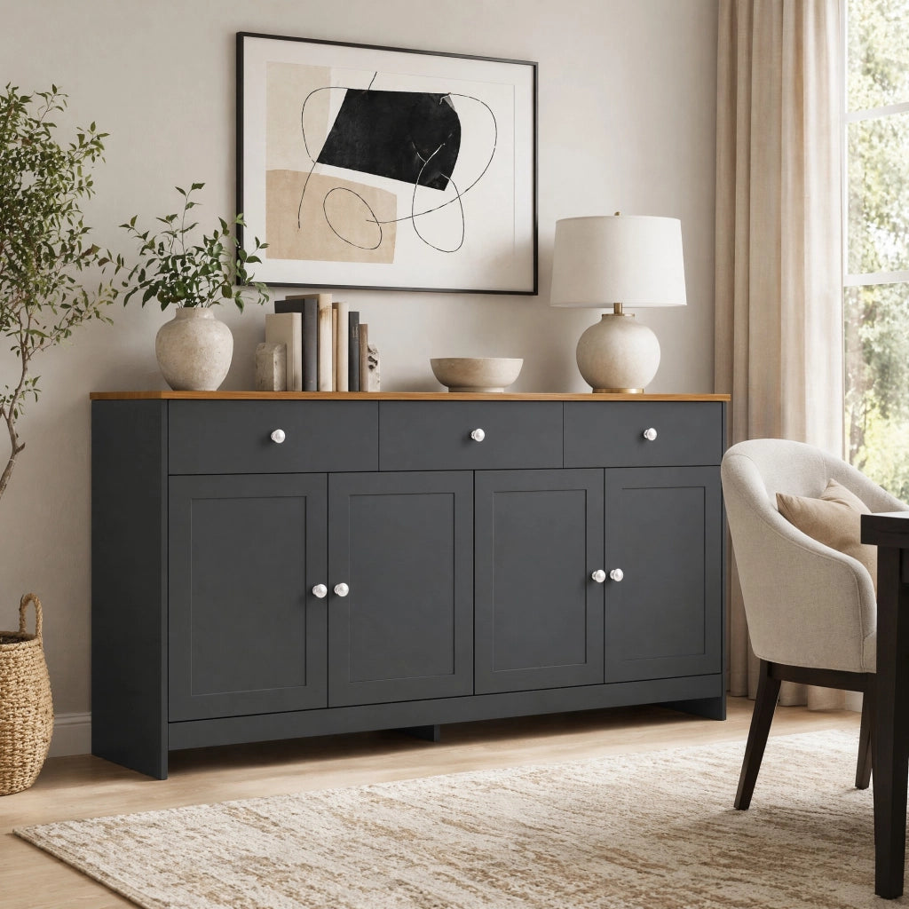 Credenza rustica a 4 ante e 3 cassetti, 160 cm, colore legno e grigio-nero