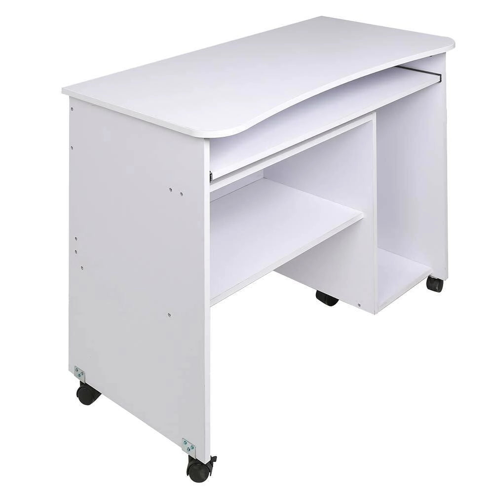 Scrivania Tavolo con Porta Tastiera Coputer e Ripiano in Legno con Ruote Bianco