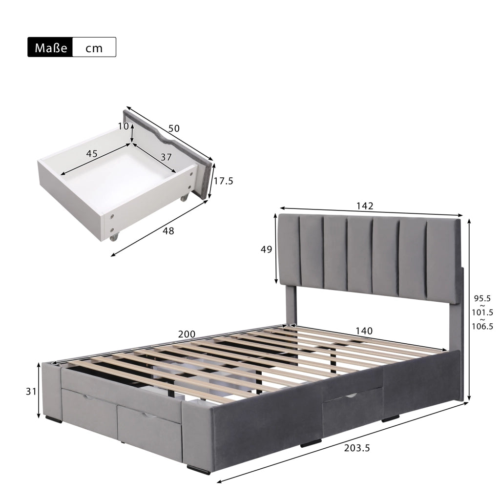 LETTO Imbottito 140x200 cm in velluto grigio con 4 cassetti