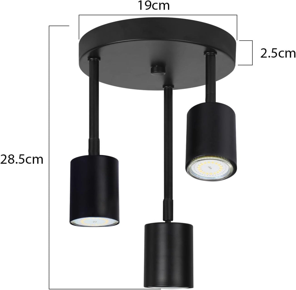 ZMH Lampada da soffitto nera 3 faretti LED GU10 orientabili 350°