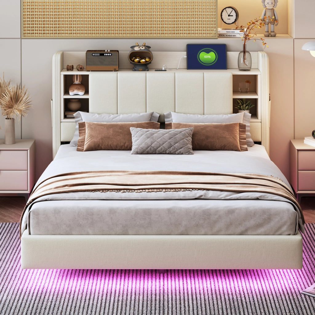 letto imbottito lino beige 140 x 200 cm