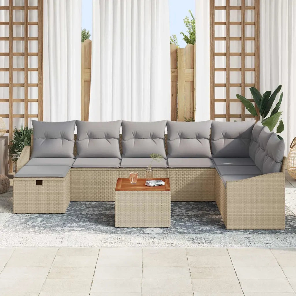 Set Divano da Giardino con cuscino 9 pcs Beige Poly Rattan