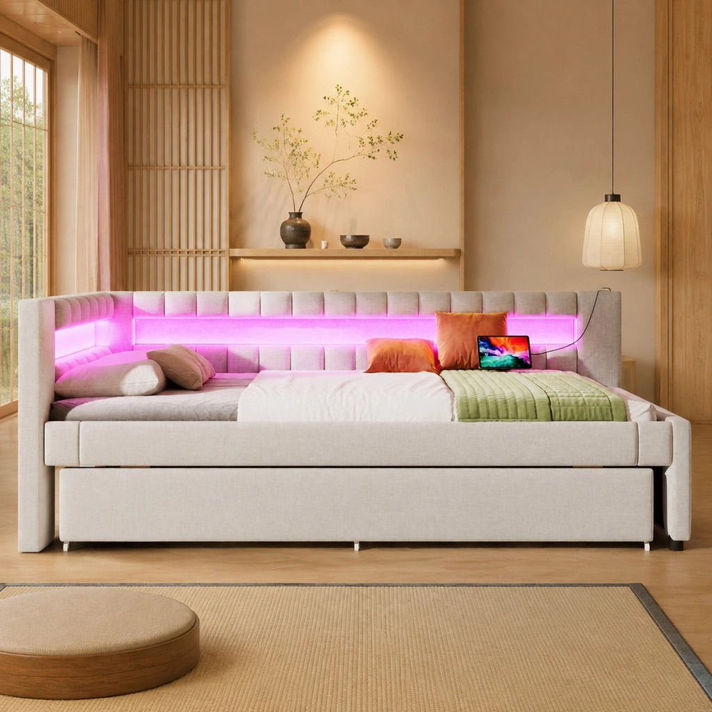 LETTO Estraibile 90x200 cm Beige in Lino
