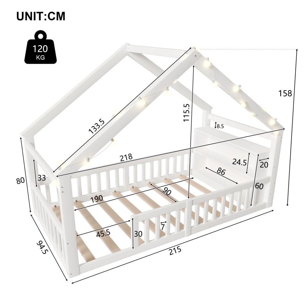 LETTO per bambini a casetta con sponde 90x190 cm in legno bianco