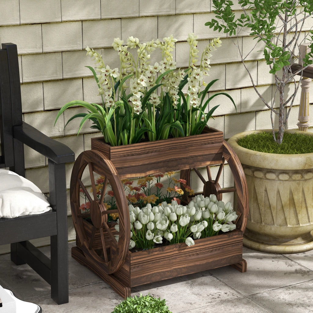 Fioriera a 2 livelli con 3 vasi e ruote in legno per esterno ¨C Zephmum ¨C 64x54x60 cm