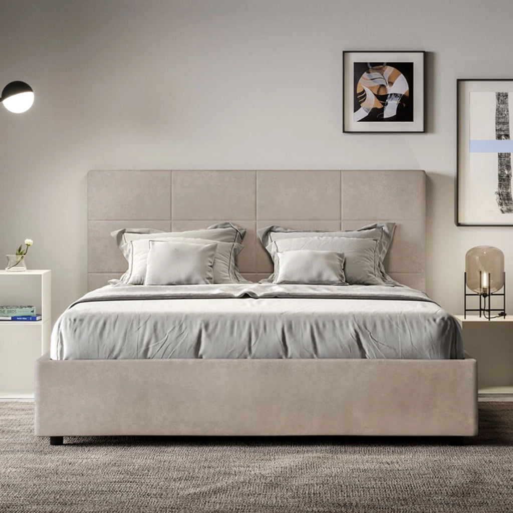 Letto queen size con rete imbottito 150x190 microfibra sabbia Mika