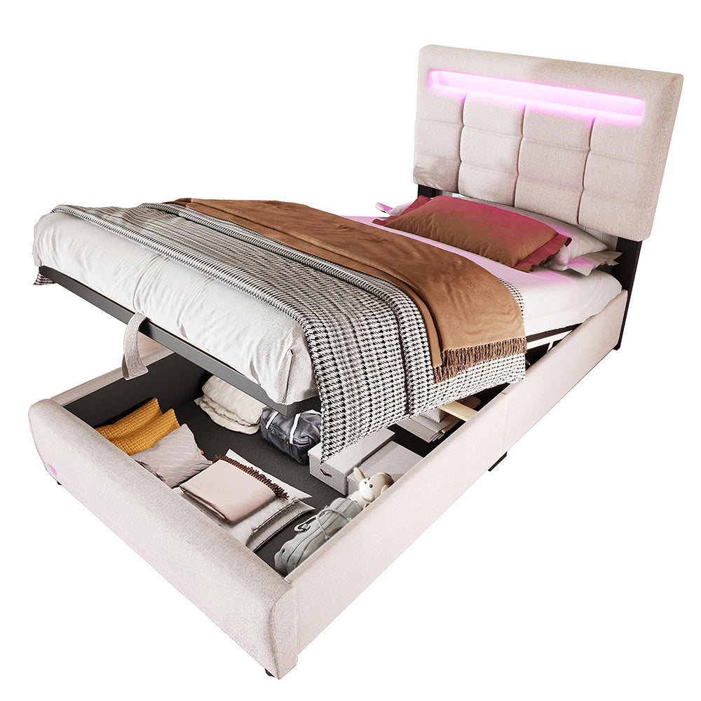 Letto imbottito - Xylo - 90x200 cm LED USB app comando beige