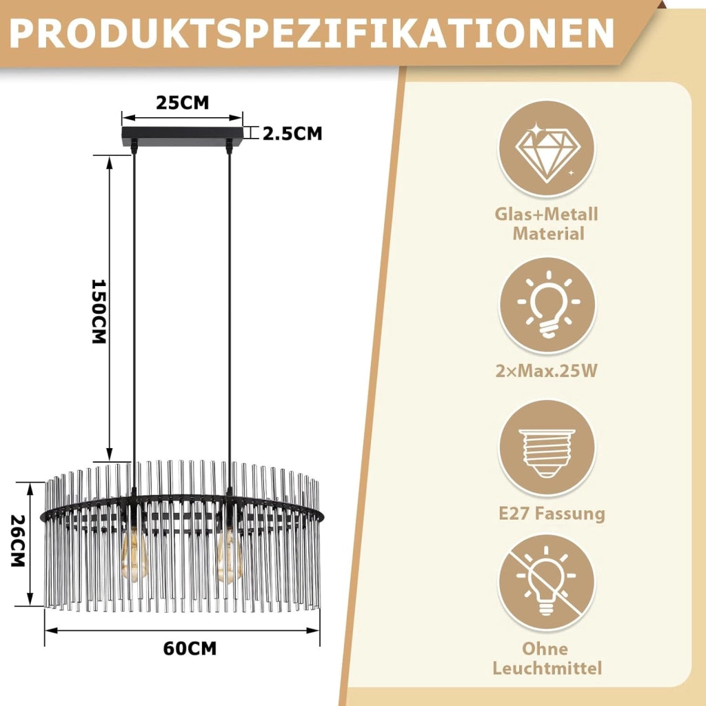 Lampada a sospensione ZMH 2 luci E27 in vetro nero per cucina soggiorno (senza lampadina)