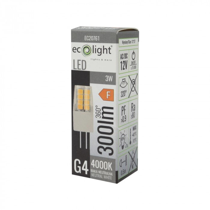 Lampadina LED G4 3W 12V 4000K 300lm anti-sfarfallio Ecolight