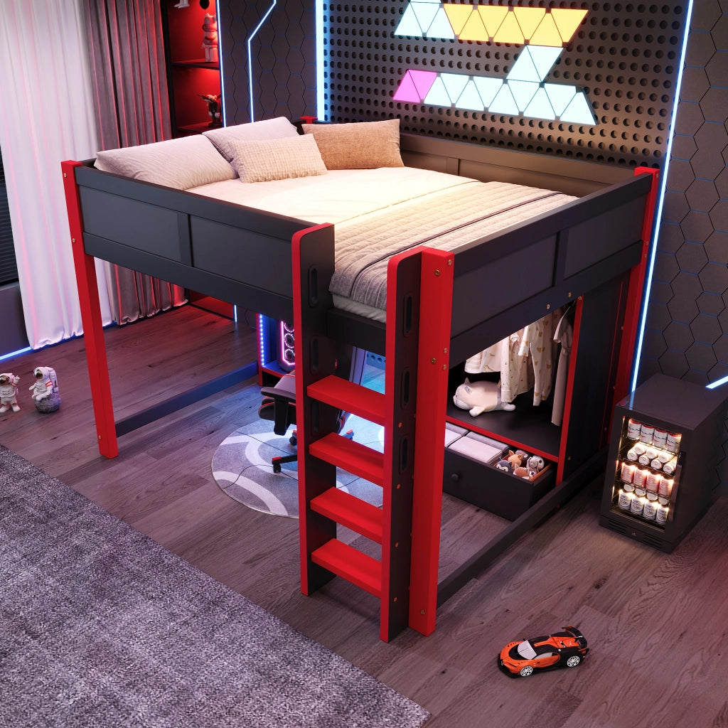 LETTO A CASTELLO gaming 140x200 cm nero e rosso con scrivania, armadio e ripiani