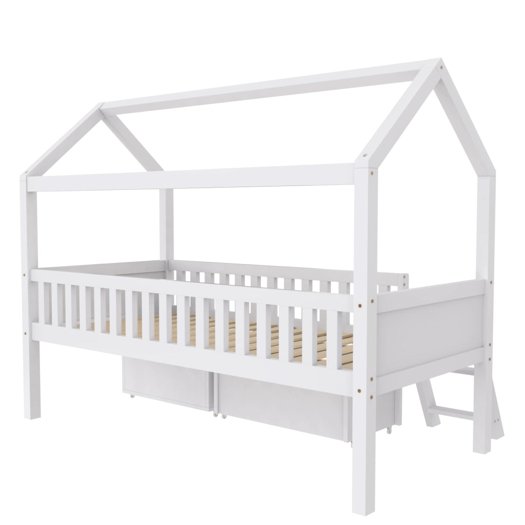 Letto a casetta per bambini 90x200 cm con cassetti, scala laterale e sponde di sicurezza, bianco