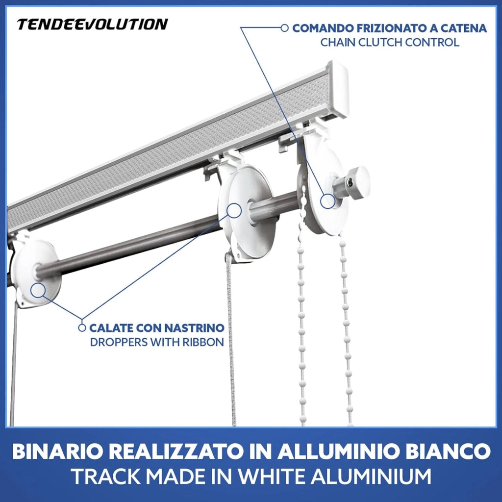 BASTONE BINARIO PER TENDA A PACCHETTO CON 4 CALATE A SGANCIO RAPIDO IN ALLUMINIO BIANCO LUNGHEZZA 100 CM Attacco Soffitto COMANDO A SINISTRA