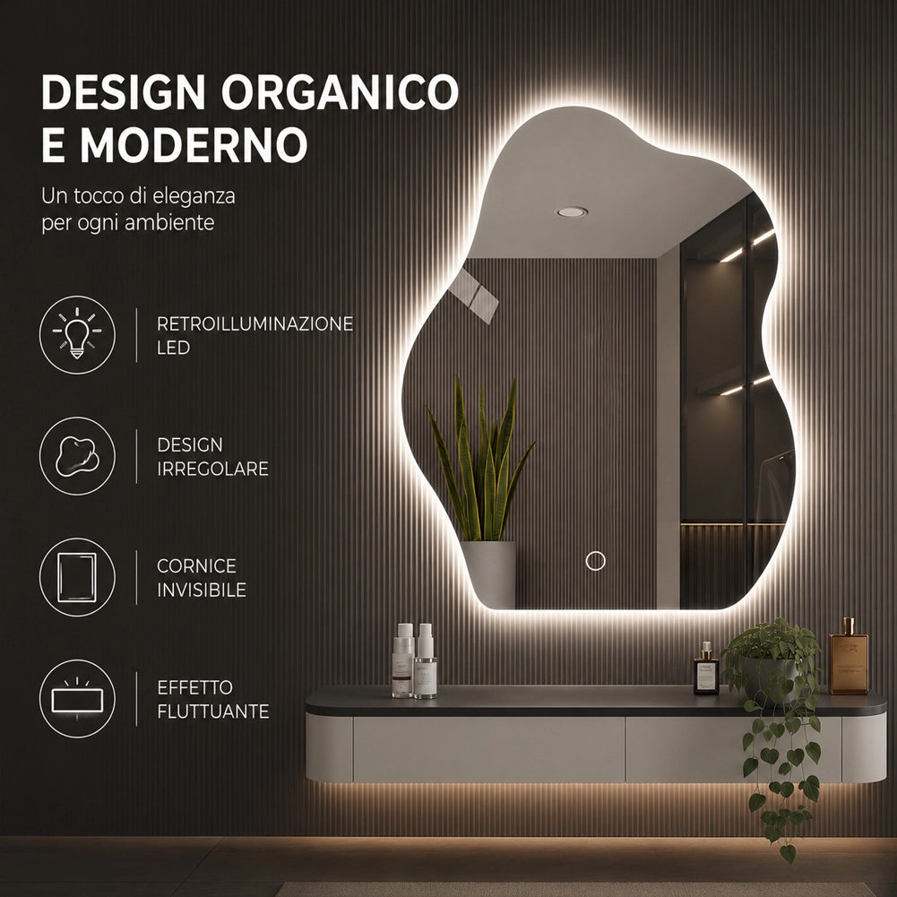 Specchio Forma Ondulata da Parete 50x70cm con Led Bianco Freddo Caldo e Naturale