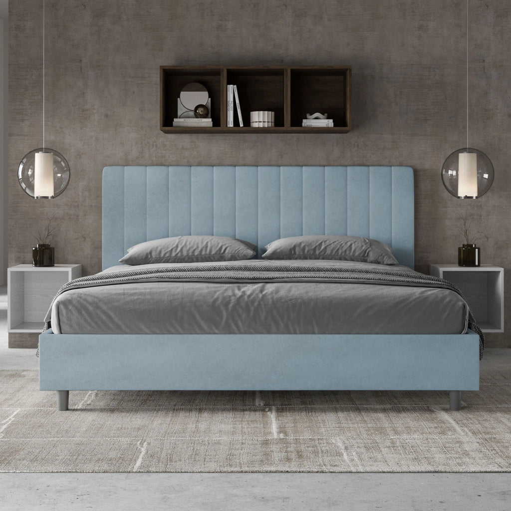 BS COM Letto matrimoniale king size contenitore imbottito 190x190 microfibra azzurro