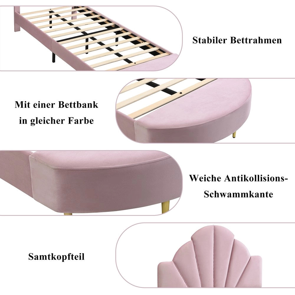 Letto Singolo Imbottito con Testiera in Velluto ¨C MINIMAL ¨C Rosa, 90x200 cm