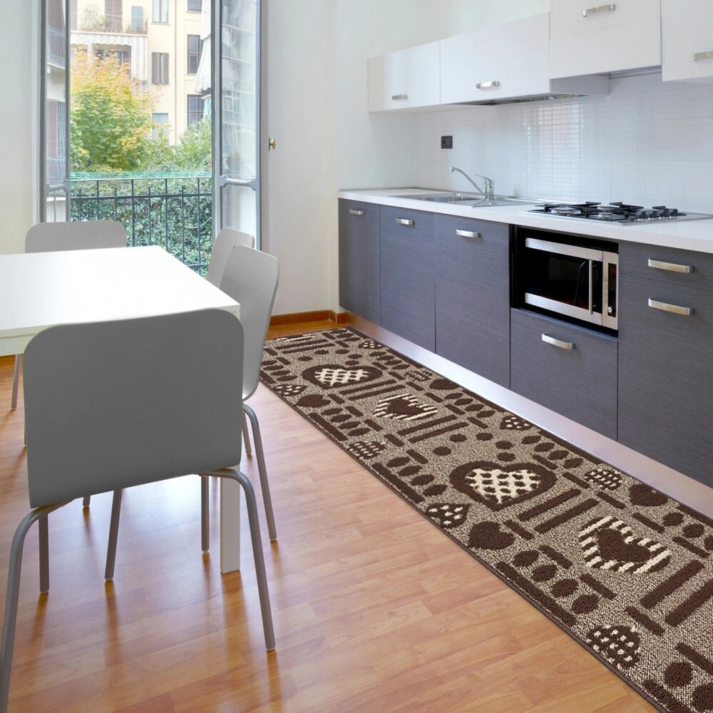Tappeto Cucina Antiscivolo Cuori 3D Lavabile Moderno Assorbente Marrone 57x270 cm
