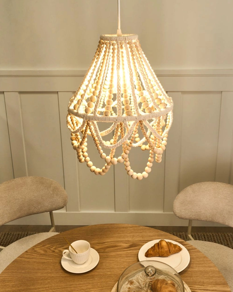 Lampadario in legno di caucciù marrone tessuto perline stile Boho