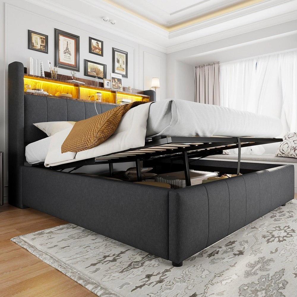 Letto Imbottito Contenitore con LED e USB ¨C MINIMAL ¨C Tessuto Grigio 160x200