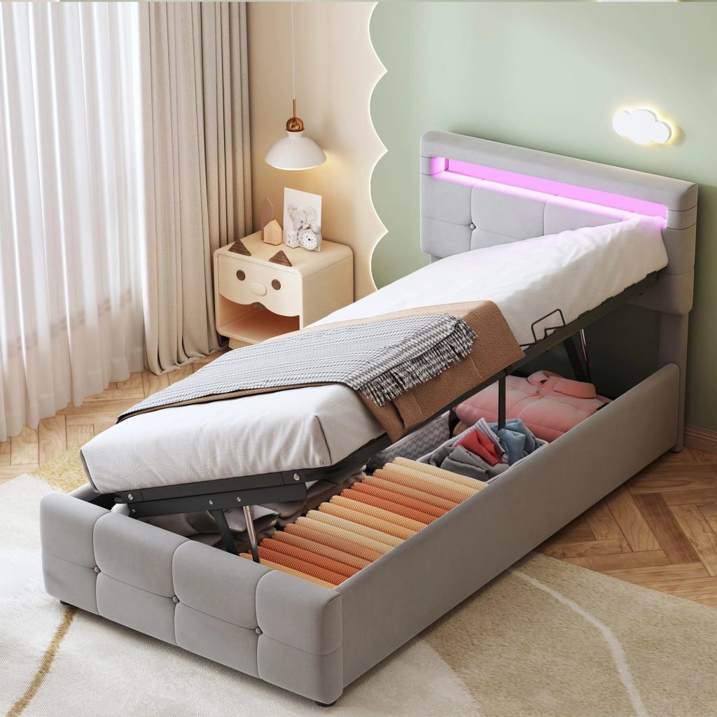 LETTO per bambini 90x200 cm con LED, contenitore, velluto grigio