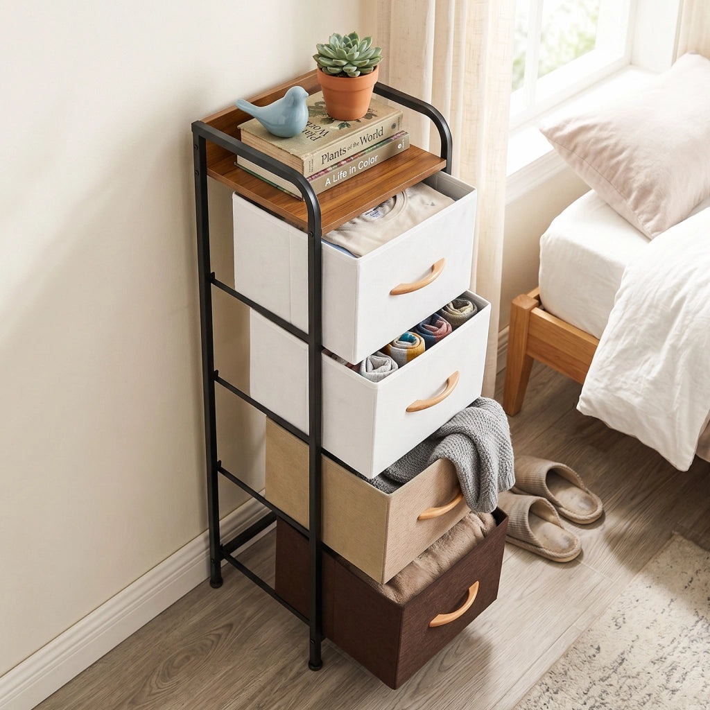 Cassettiera in tessuto pieghevole per soggiorno e corridoio, Cassettiera camera da letto con maniglie piano in legno e struttura in metallo