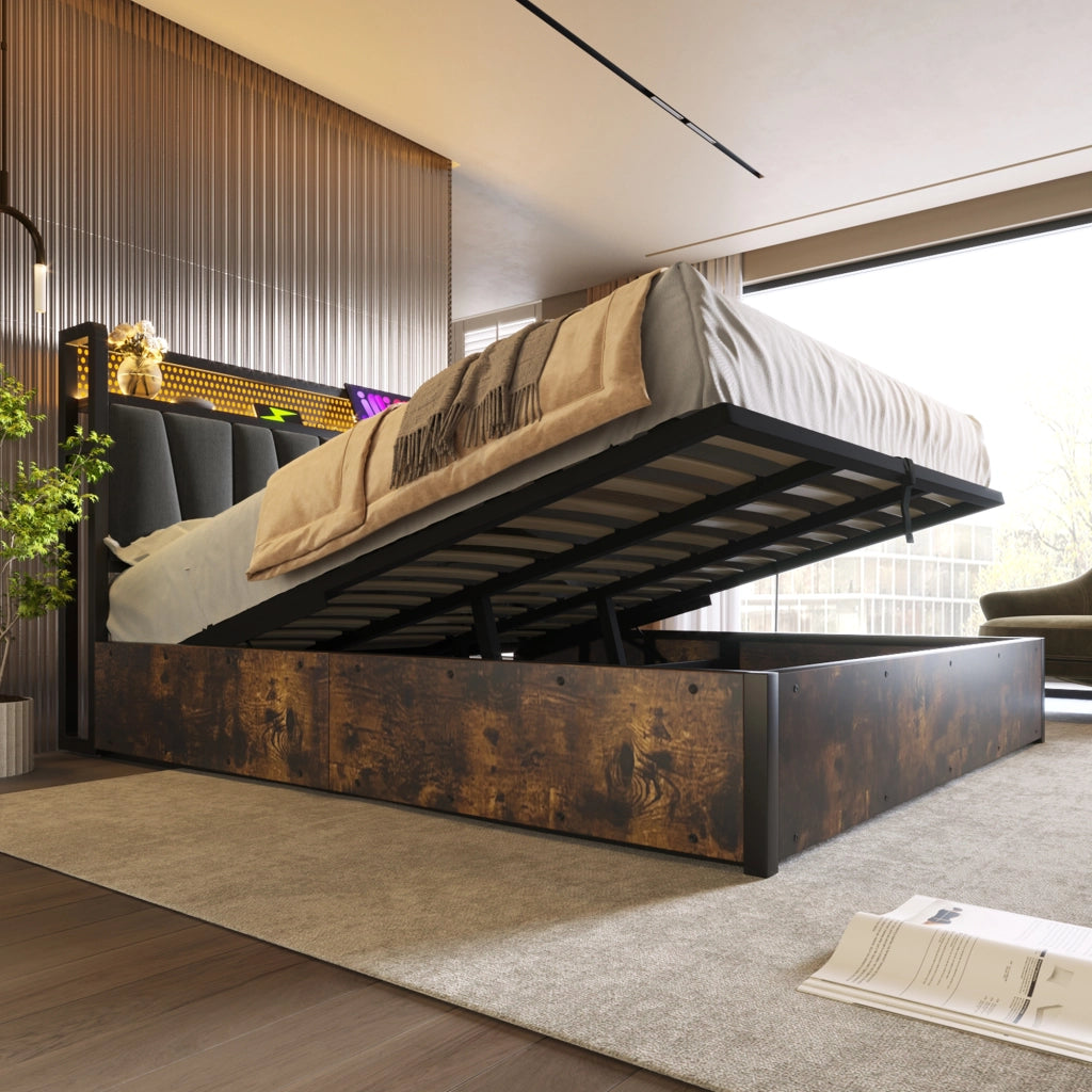 LETTO matrimoniale 180x200 cm in lino grigio con LED App-Control, USB e prese